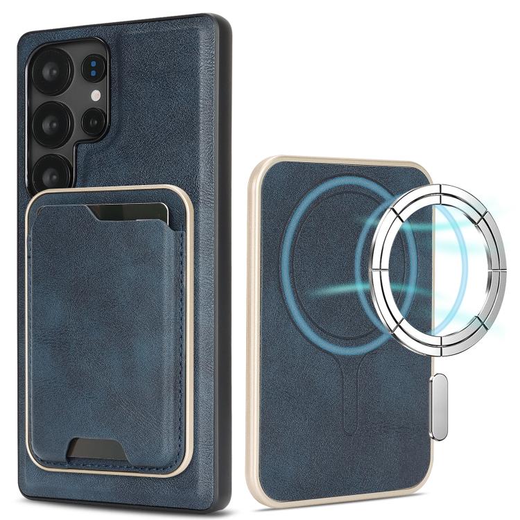 

For Samsung Galaxy S24 Ultra 5G Kalebol Slim MagSafe Ring Magnetic Card Bag Leather Phone Case(Blue)