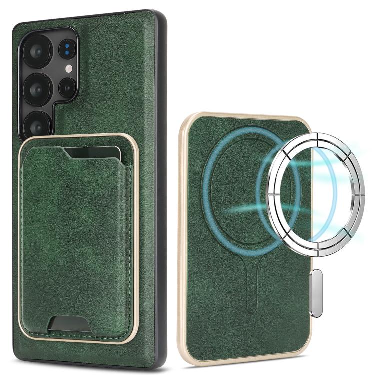

For Samsung Galaxy S22 Ultra 5G Kalebol Slim MagSafe Ring Magnetic Card Bag Leather Phone Case(Green)