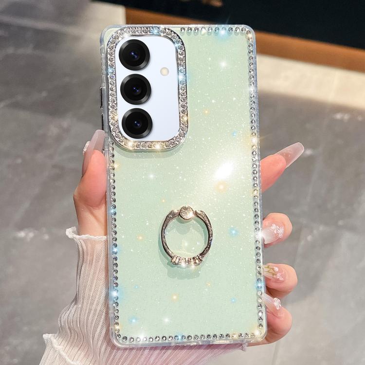 

For Samsung Galaxy S25 5G Rhinestone Glitter TPU Ring Holder Anti-fall Phone Case(Light Green)