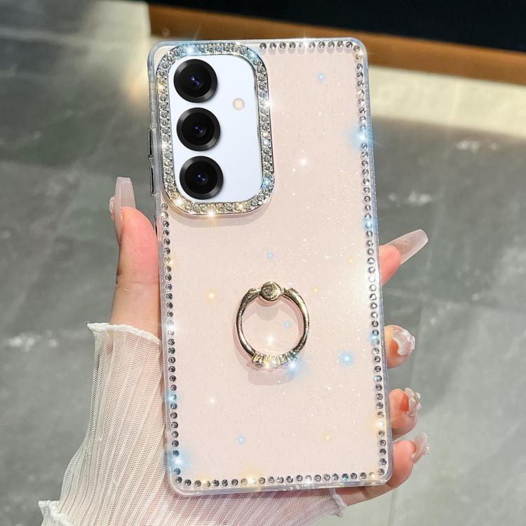 

For Samsung Galaxy S25+ 5G Rhinestone Glitter TPU Ring Holder Anti-fall Phone Case(Light Pink)