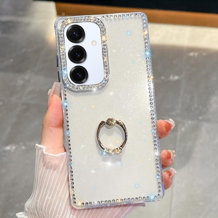 

For Samsung Galaxy S25+ 5G Rhinestone Glitter TPU Ring Holder Anti-fall Phone Case(White)