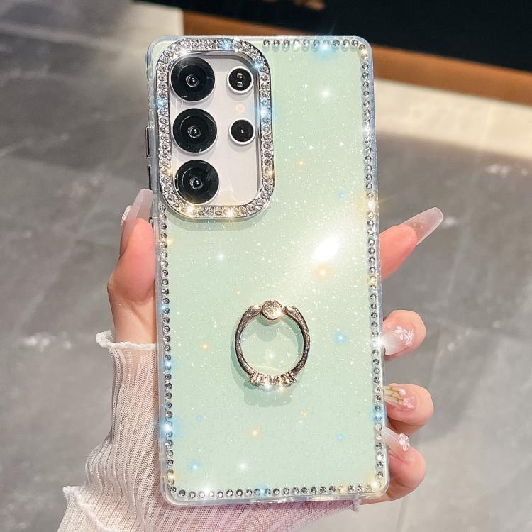 

For Samsung Galaxy S25 Ultra 5G Rhinestone Glitter TPU Ring Holder Anti-fall Phone Case(Light Green)
