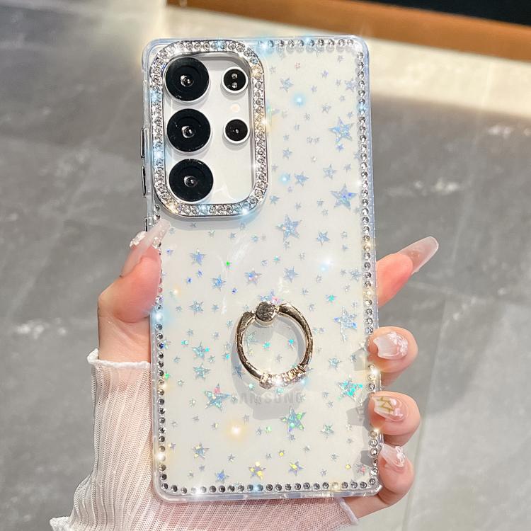 

For Samsung Galaxy S25 Ultra 5G Rhinestone Glitter TPU Ring Holder Anti-fall Phone Case(Transparent Stars)
