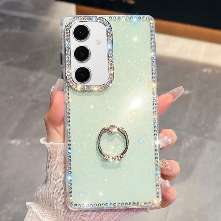

For Samsung Galaxy S24 FE 5G Rhinestone Glitter TPU Ring Holder Anti-fall Phone Case(Light Green)