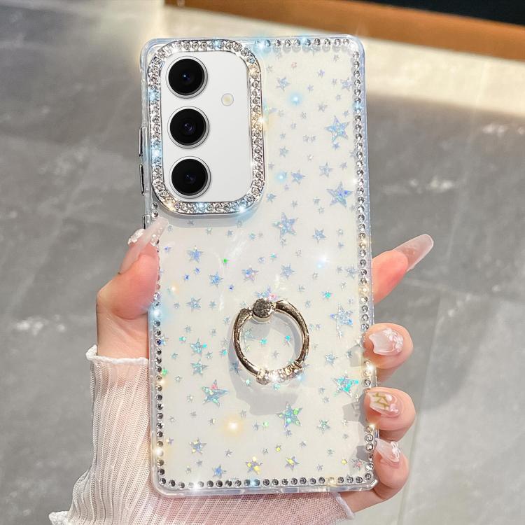 

For Samsung Galaxy S24 FE 5G Rhinestone Glitter TPU Ring Holder Anti-fall Phone Case(Transparent Stars)