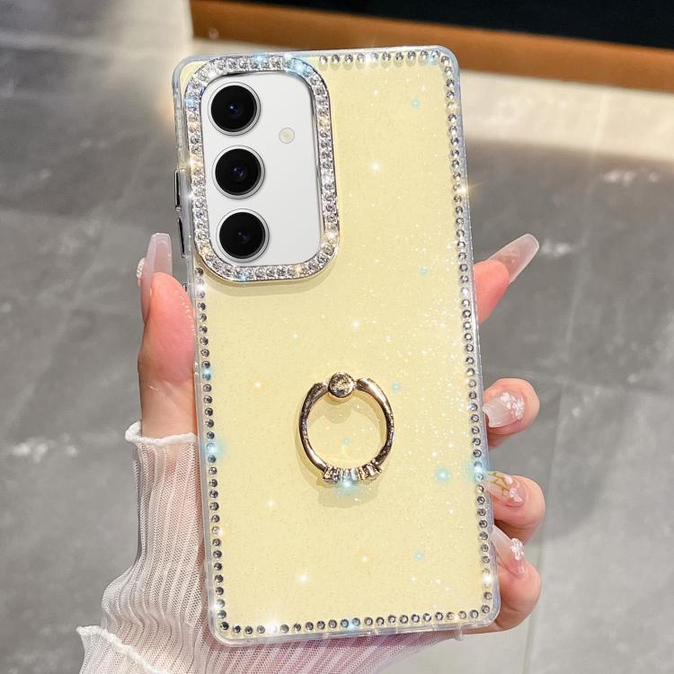 

For Samsung Galaxy S24 5G Rhinestone Glitter TPU Ring Holder Anti-fall Phone Case(Light Yellow)