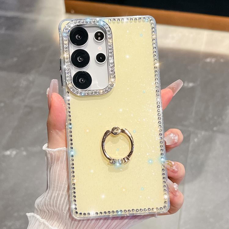 

For Samsung Galaxy S23 Ultra 5G Rhinestone Glitter TPU Ring Holder Anti-fall Phone Case(Light Yellow)
