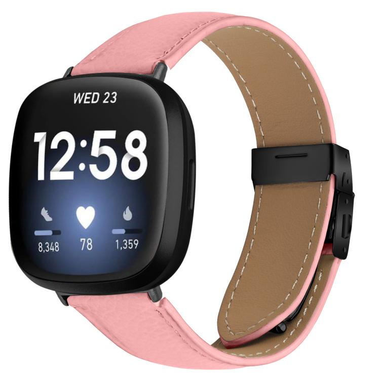 

For Fitbit Versa 3 / 4 Lychee Texture Black Turtle Back Buckle Leather Watch Band(Pink)