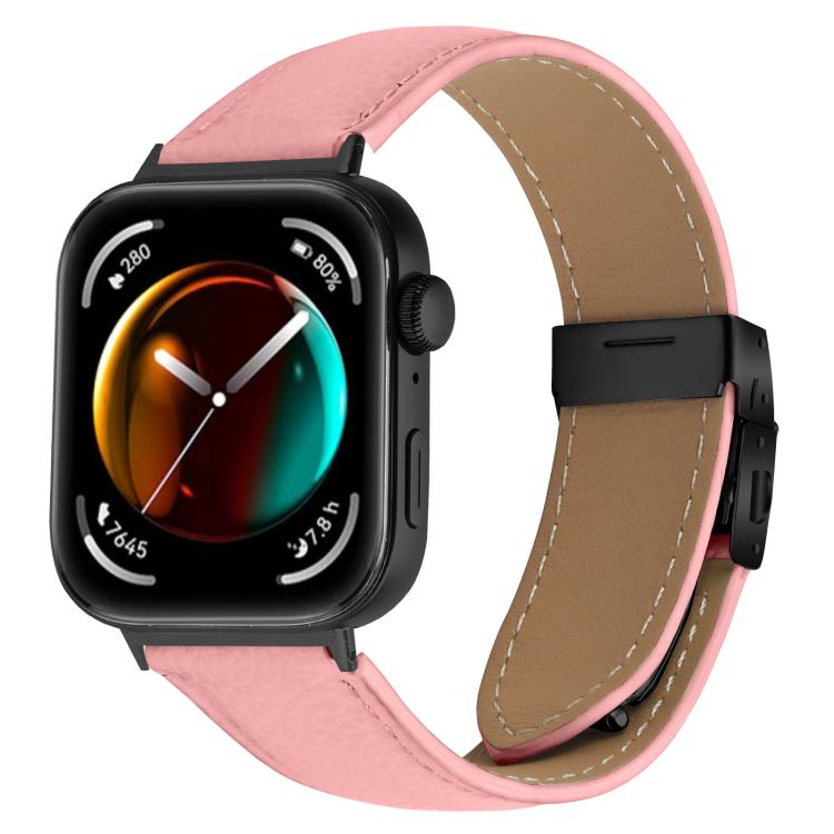 

For Huawei Watch Fit 4 / Fit 4 Pro / Fit 3 Lychee Texture Black Turtle Back Buckle Leather Watch Band(Pink)