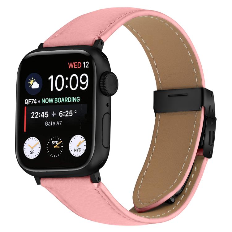

For Apple Watch 46mm / 49mm / 45mm / 44mm Lychee Texture Black Turtle Back Buckle Leather Watch Band(Pink)