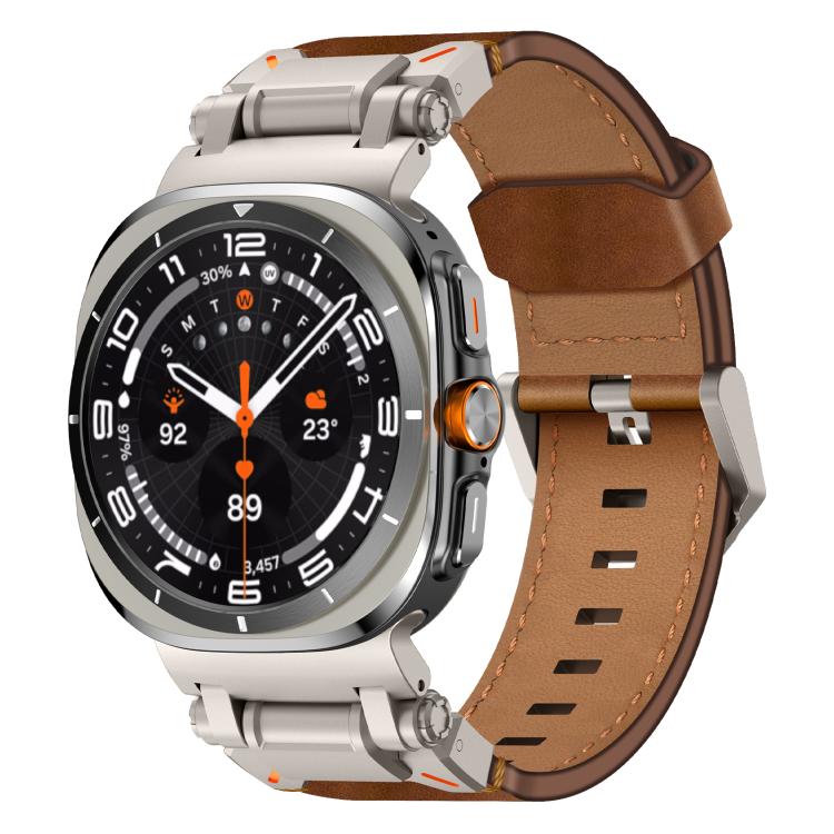 

For Samsung Galaxy Watch Ultra 47mm Explorer Stainless Steel Head Leather Watch Band(Titanium Crazy Horse)