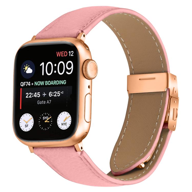 

For Apple Watch 46mm / 49mm / 45mm / 44mm Lychee Texture Rose Gold Turtle Back Buckle Leather Watch Band(Pink)