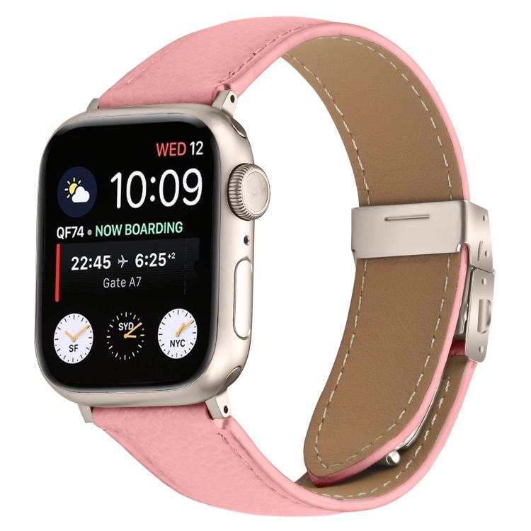 

For Apple Watch 46mm / 49mm / 45mm / 44mm Lychee Texture Starlight Turtle Back Buckle Leather Watch Band(Pink)