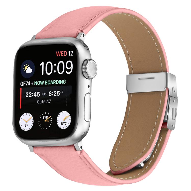 

For Apple Watch 46mm / 49mm / 45mm / 44mm Lychee Texture Silver Turtle Back Buckle Leather Watch Band(Pink)