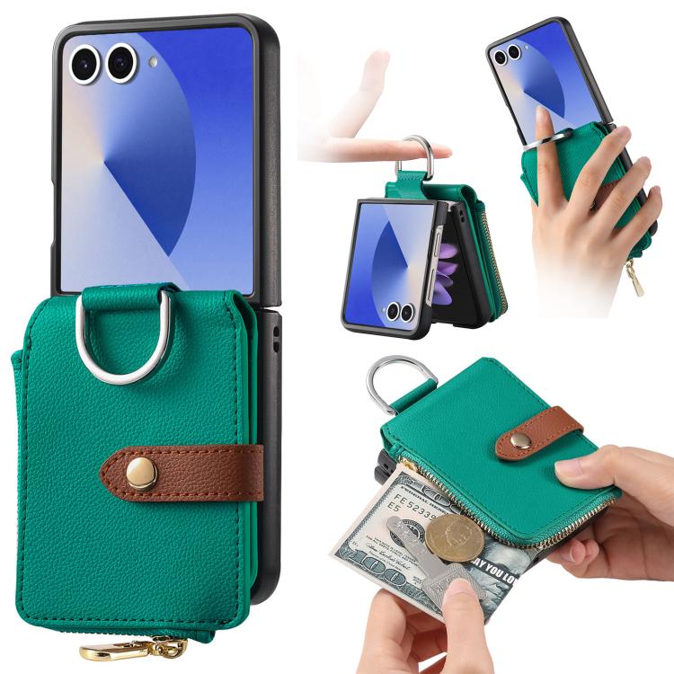 

For Galaxy Z Flip8 5G Litchi Texture Ring Vertical Zipper Wallet Phone Case(Green)
