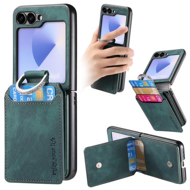 

For Samsung Galaxy Z Flip6 / Flip7 FE Retro Leather Ring Vertical Flip Wallet Phone Case(Green)