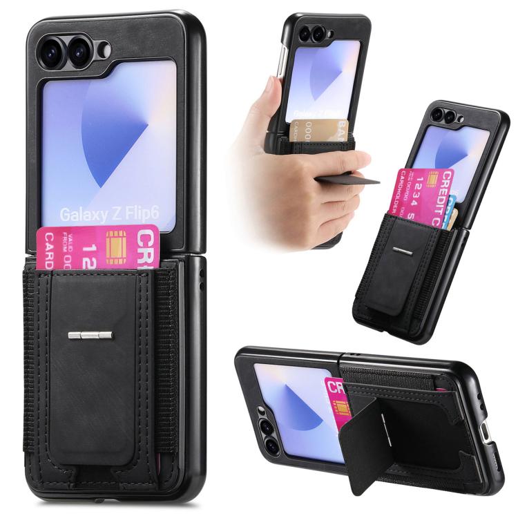 

For Samsung Galaxy Z Flip5 5G Retro Leather Fold Stand Elastic Card Bag Phone Case(Black)