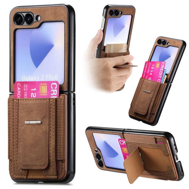 

For Samsung Galaxy Z Flip5 5G Retro Leather Fold Stand Elastic Card Bag Phone Case(Brown)