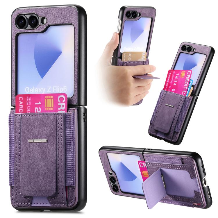 

For Samsung Galaxy Z Flip5 5G Retro Leather Fold Stand Elastic Card Bag Phone Case(Purple)