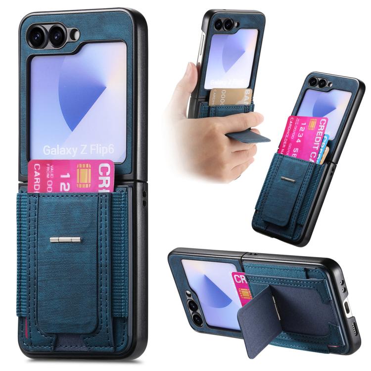 

For Samsung Galaxy Z Flip6 / Flip7 FE Retro Leather Fold Stand Elastic Card Bag Phone Case(Blue)