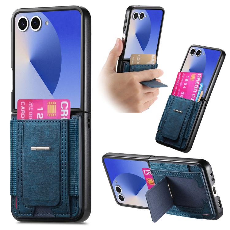 

For Samsung Galaxy Z Flip7 5G Retro Leather Fold Stand Elastic Card Bag Phone Case(Blue)