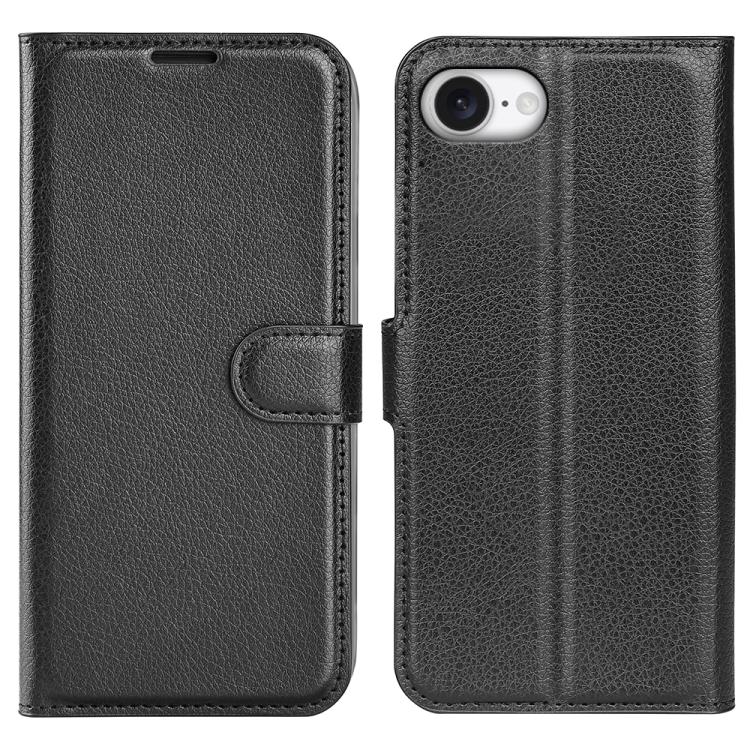

For iPhone 16e Litchi Texture Horizontal Flip Leather Phone Case with Holder(Black)
