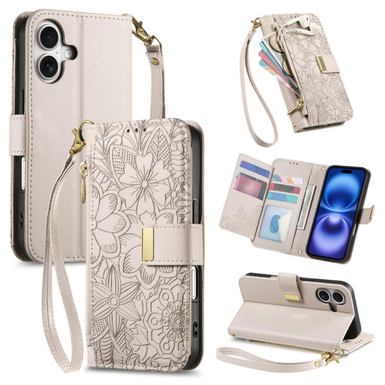 

For iPhone 16 Flowers Leaves Zipper Wallet Leather Phone Case with Strap(Khaki)