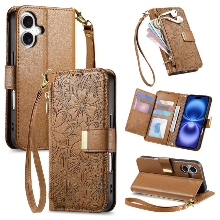For iPhone 16 Flowers Leaves Zipper Wallet Leather Phone Case with Strap(Brown)