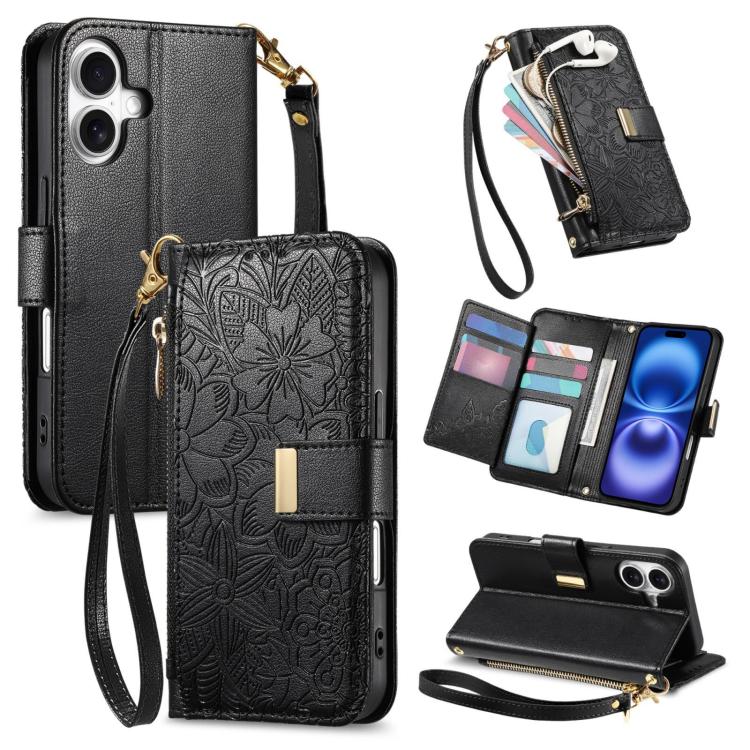 

For iPhone 16 Flowers Leaves Zipper Wallet Leather Phone Case with Strap(Black)