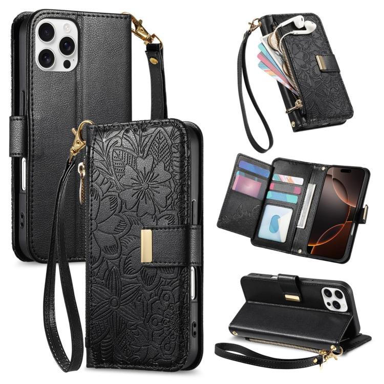 

For iPhone 16 Pro Flowers Leaves Zipper Wallet Leather Phone Case with Strap(Black)