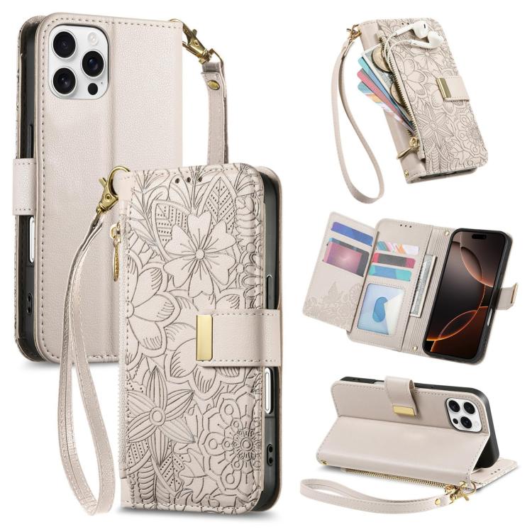 

For iPhone 16 Pro Max Flowers Leaves Zipper Wallet Leather Phone Case with Strap(Khaki)