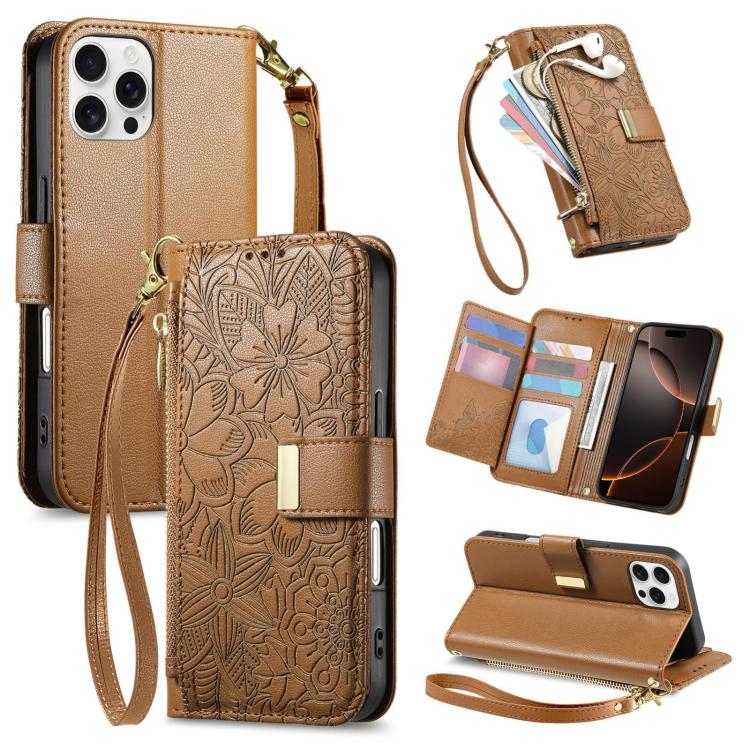 

For iPhone 16 Pro Max Flowers Leaves Zipper Wallet Leather Phone Case with Strap(Brown)