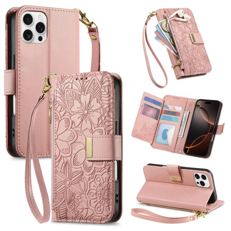 

For iPhone 16 Pro Max Flowers Leaves Zipper Wallet Leather Phone Case with Strap(Pink)