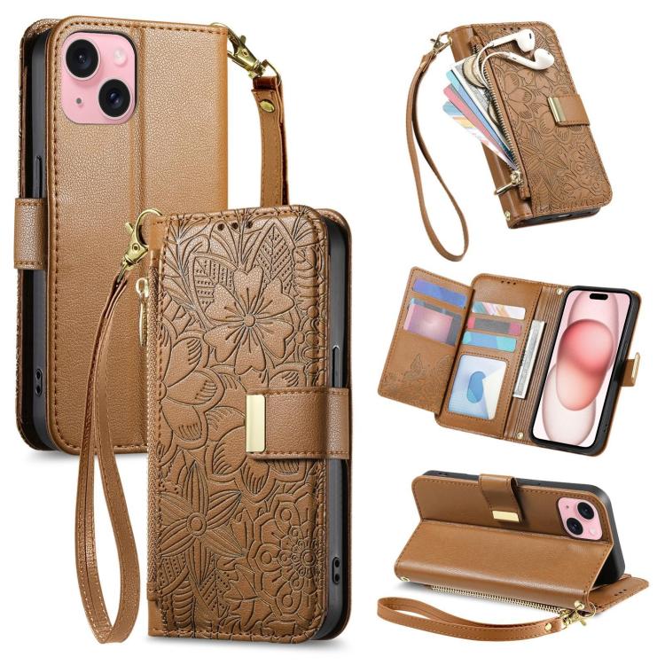 

For iPhone 15 Flowers Leaves Zipper Wallet Leather Phone Case with Strap(Brown)