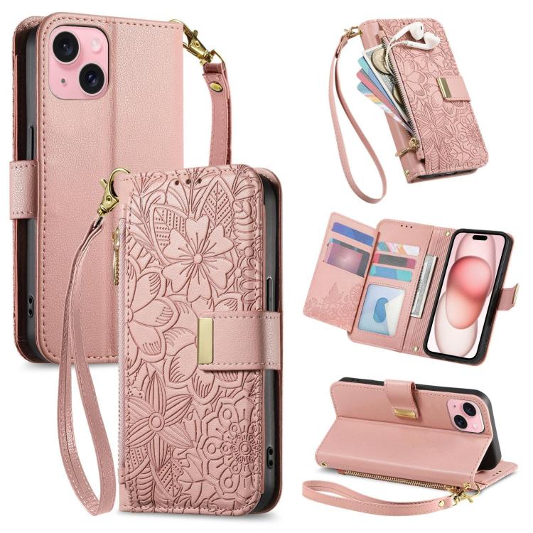 

For iPhone 15 Flowers Leaves Zipper Wallet Leather Phone Case with Strap(Pink)