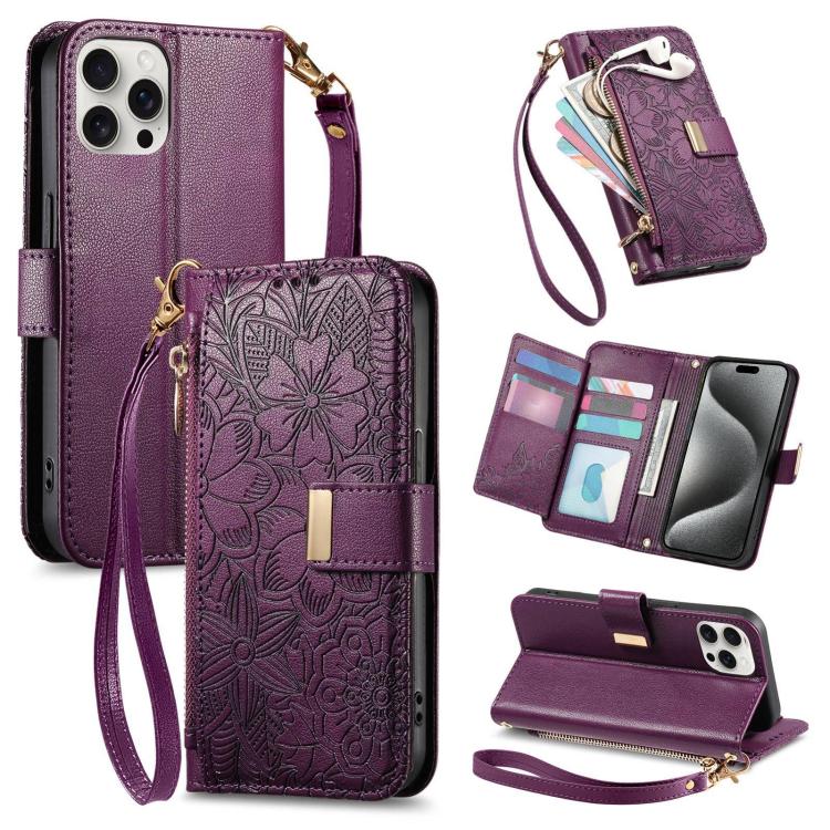 

For iPhone 15 Pro Flowers Leaves Zipper Wallet Leather Phone Case with Strap(Purple)