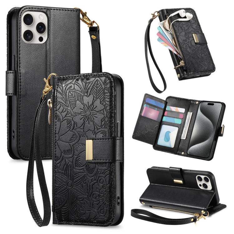 

For iPhone 15 Pro Flowers Leaves Zipper Wallet Leather Phone Case with Strap(Black)