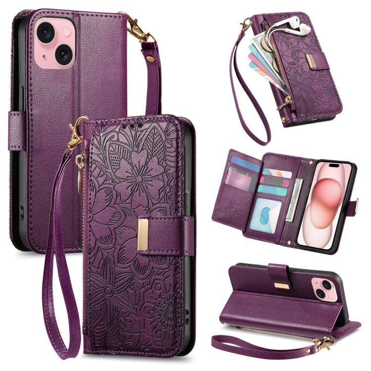 

For iPhone 15 Plus Flowers Leaves Zipper Wallet Leather Phone Case with Strap(Purple)