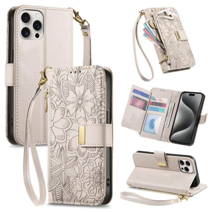 

For iPhone 15 Pro Max Flowers Leaves Zipper Wallet Leather Phone Case with Strap(Khaki)
