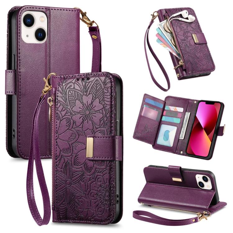 

For iPhone 14 / 13 Flowers Leaves Zipper Wallet Leather Phone Case with Strap(Purple)