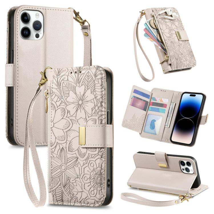 

For iPhone 14 Pro Flowers Leaves Zipper Wallet Leather Phone Case with Strap(Khaki)