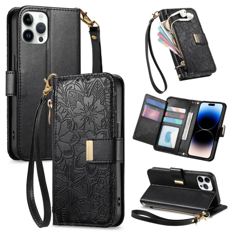 

For iPhone 14 Pro Flowers Leaves Zipper Wallet Leather Phone Case with Strap(Black)