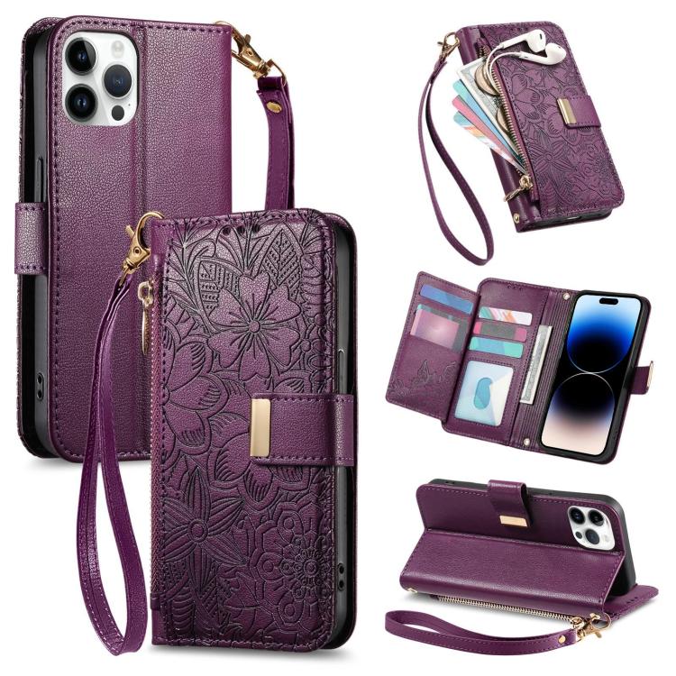 

For iPhone 14 Pro Max Flowers Leaves Zipper Wallet Leather Phone Case with Strap(Purple)