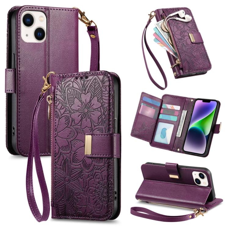 

For iPhone 14 Plus Flowers Leaves Zipper Wallet Leather Phone Case with Strap(Purple)