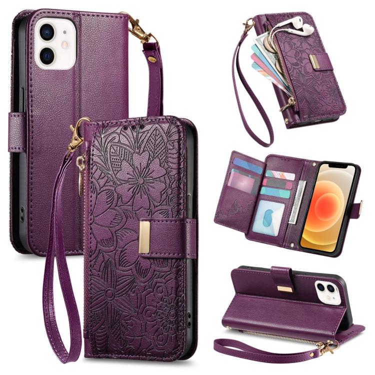 

For iPhone 12 / 12 Pro Flowers Leaves Zipper Wallet Leather Phone Case with Strap(Purple)