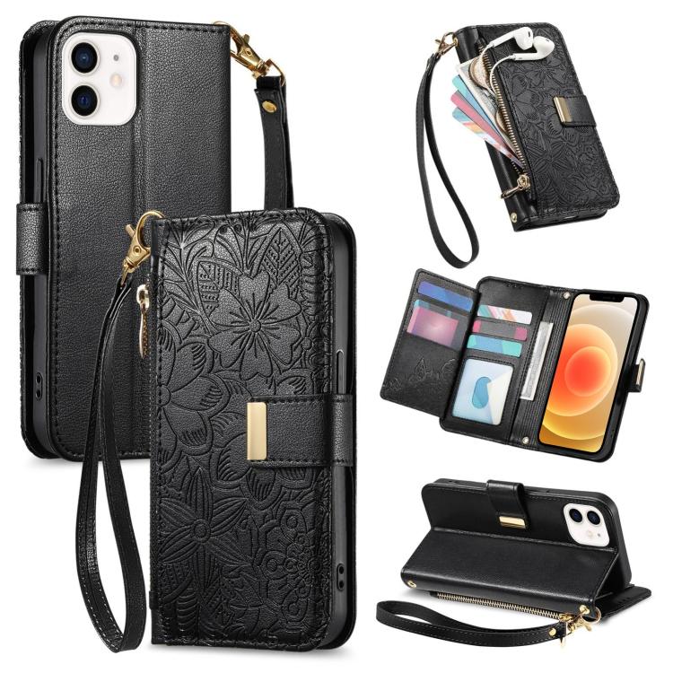 

For iPhone 12 / 12 Pro Flowers Leaves Zipper Wallet Leather Phone Case with Strap(Black)
