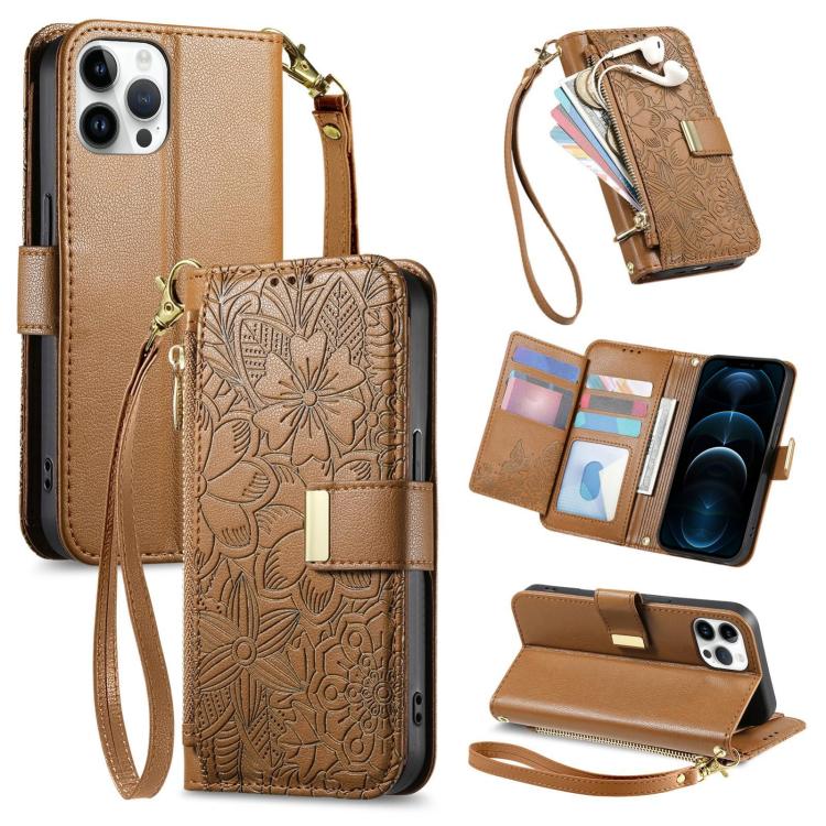 

For iPhone 12 Pro Max Flowers Leaves Zipper Wallet Leather Phone Case with Strap(Brown)