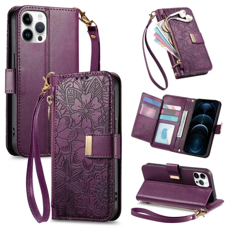 

For iPhone 12 Pro Max Flowers Leaves Zipper Wallet Leather Phone Case with Strap(Purple)