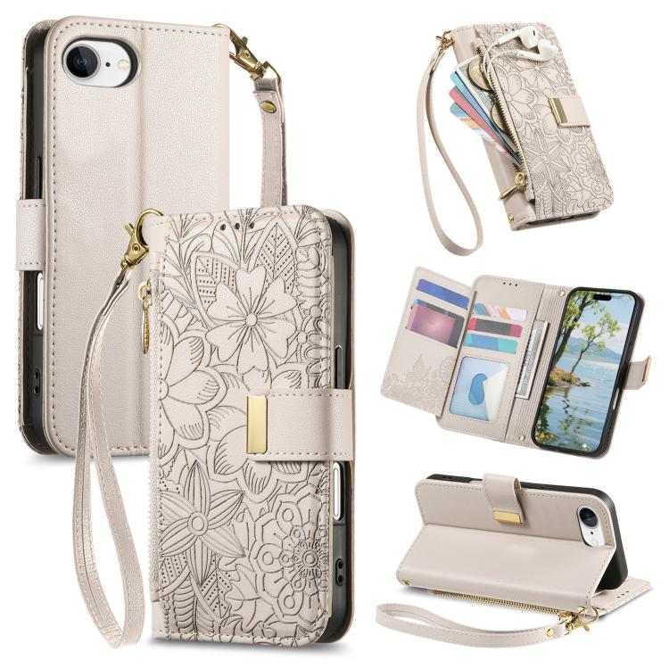 

For iPhone 16e Flowers Leaves Zipper Wallet Leather Phone Case with Strap(Khaki)
