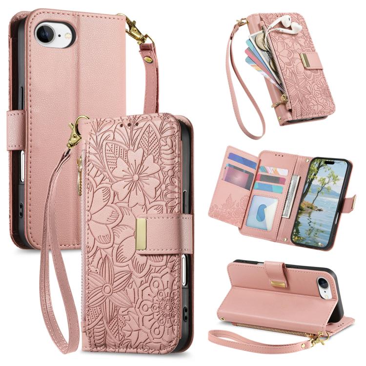

For iPhone 16e Flowers Leaves Zipper Wallet Leather Phone Case with Strap(Pink)